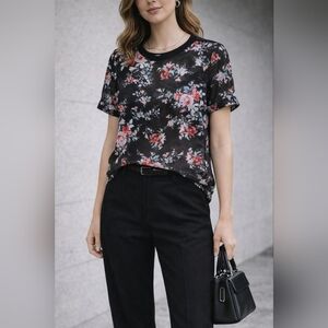 Buffalo David Button | Black Floral Short Sleeve Sheer Tee, Size S